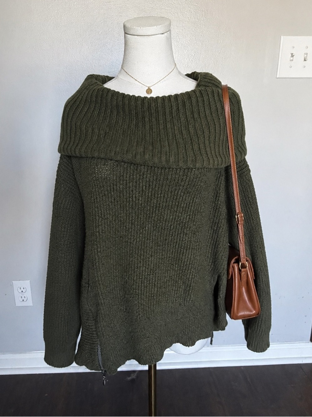 Faded Glory Off-the-Shoulder Ribbed Sweater in Olive